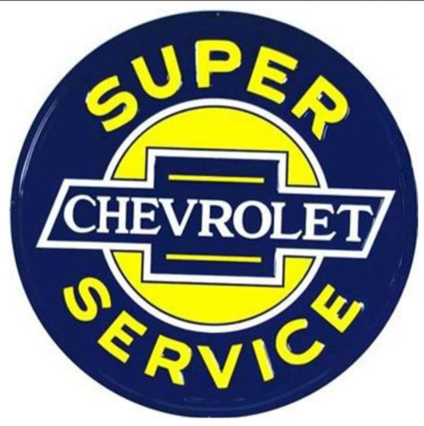 Super Chevrolet Service embossed round aluminum sign with blue and yellow bowtie design, available in 12 and 24 inch diameters.