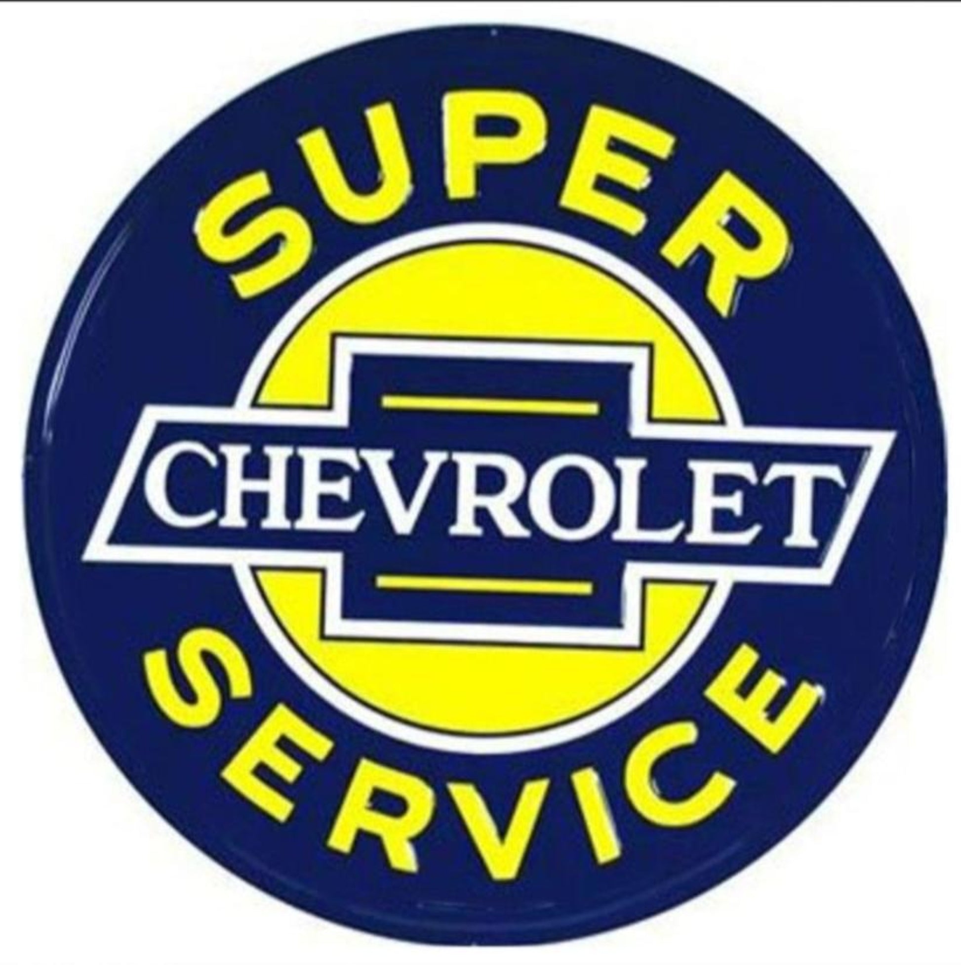 Super Chevrolet Service embossed round aluminum sign with blue and yellow bowtie design, available in 12 and 24 inch diameters.
