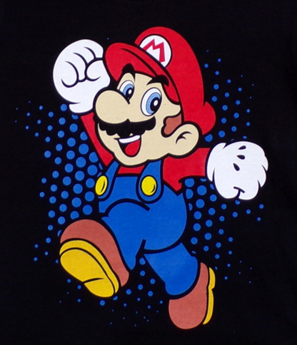 Close-up of Super Mario graphic print on youth unisex T-shirt.