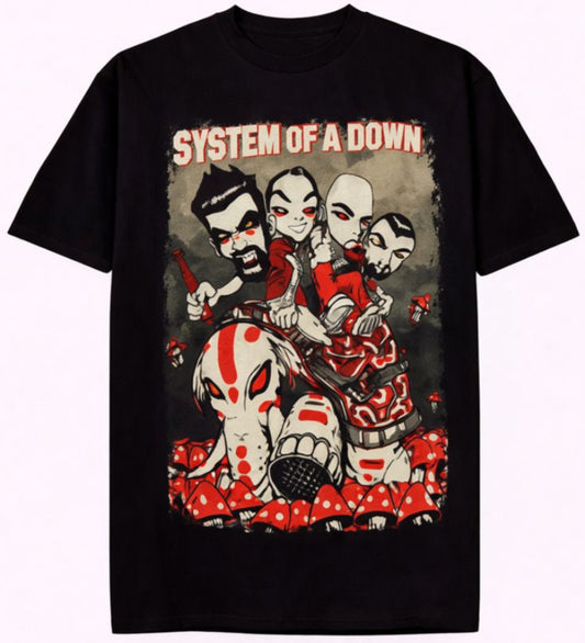 Front view of System of a Down Mushroom People T-shirt featuring cartoon-style band members riding an iron elephant through red and white mushrooms, printed using authentic silkscreen technique.