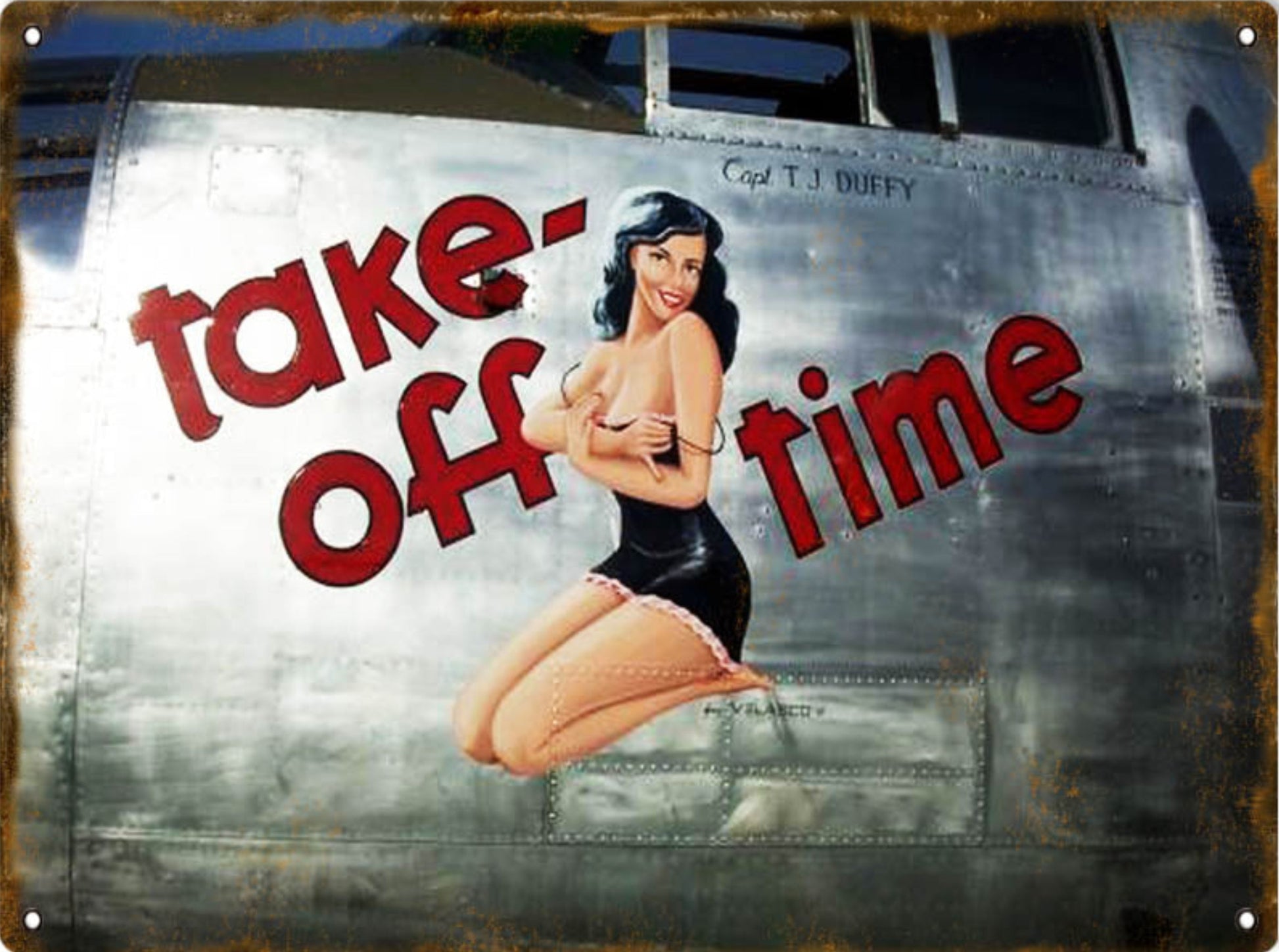 Take-Off Time WWII nose art pin-up dye-sublimated aluminum metal sign with riveted aircraft panel design, 9″H × 12″W.