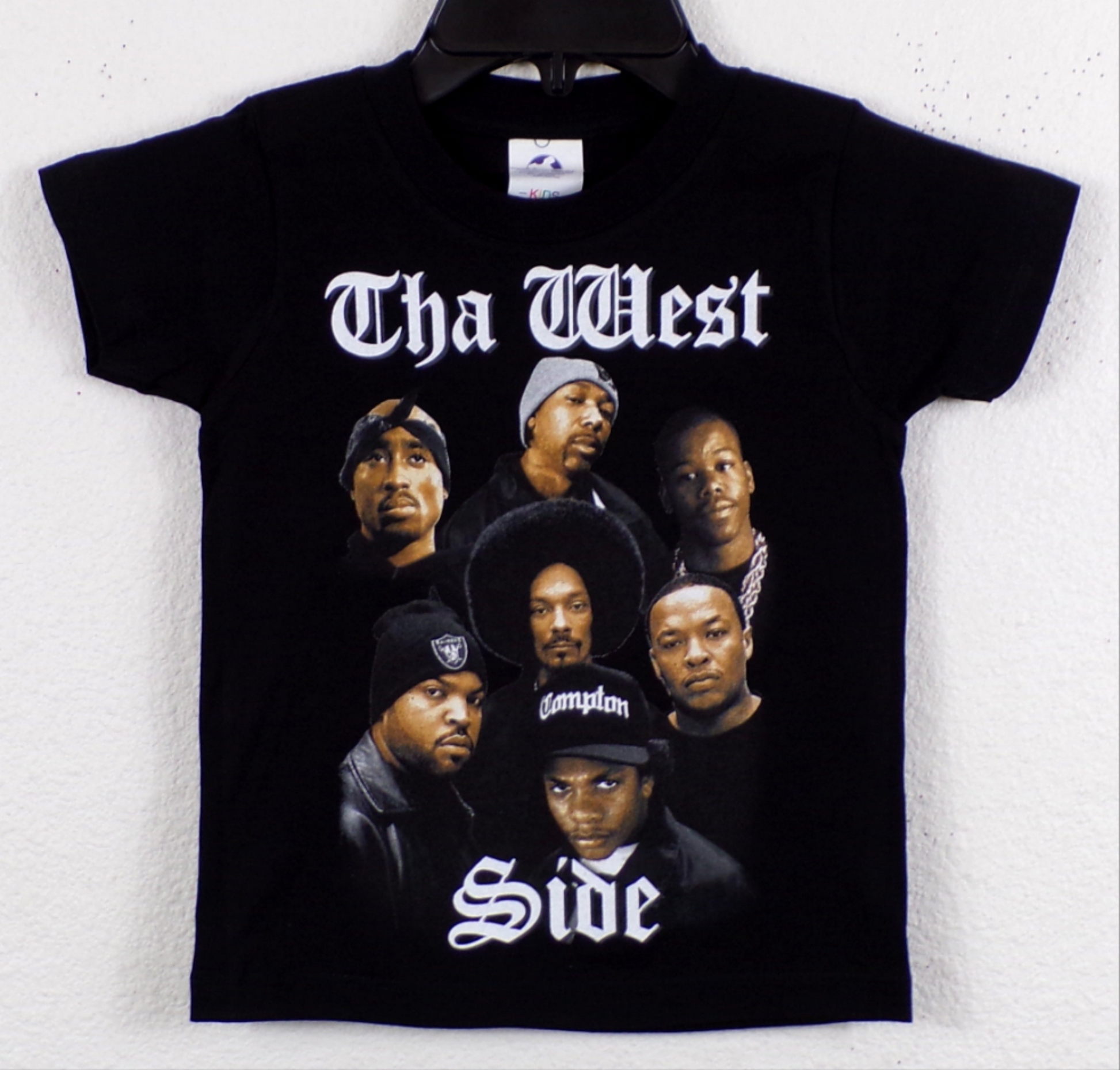 Tha West Side youth unisex hip hop T-shirt featuring Tupac Shakur, Snoop Dogg, Dr. Dre, Ice Cube, Eazy-E, Warren G, and WC