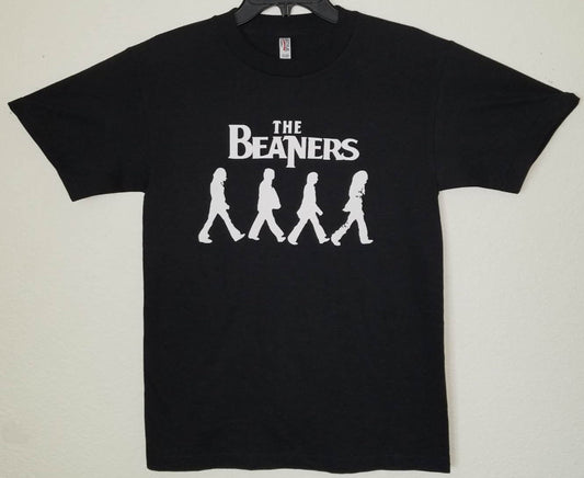 Front view of The Beaners Abbey Road style graphic T-shirt featuring crosswalk silhouette design printed in white silkscreen on black cotton tee