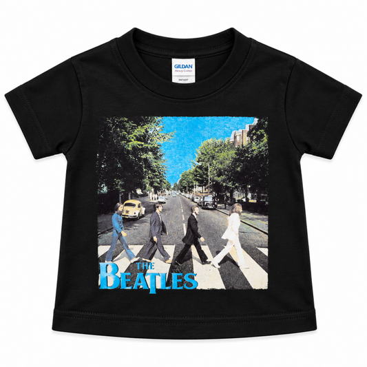 The Beatles Abbey Road black infant graphic T-shirt featuring the iconic street crossing design, available in sizes 12M-24M.