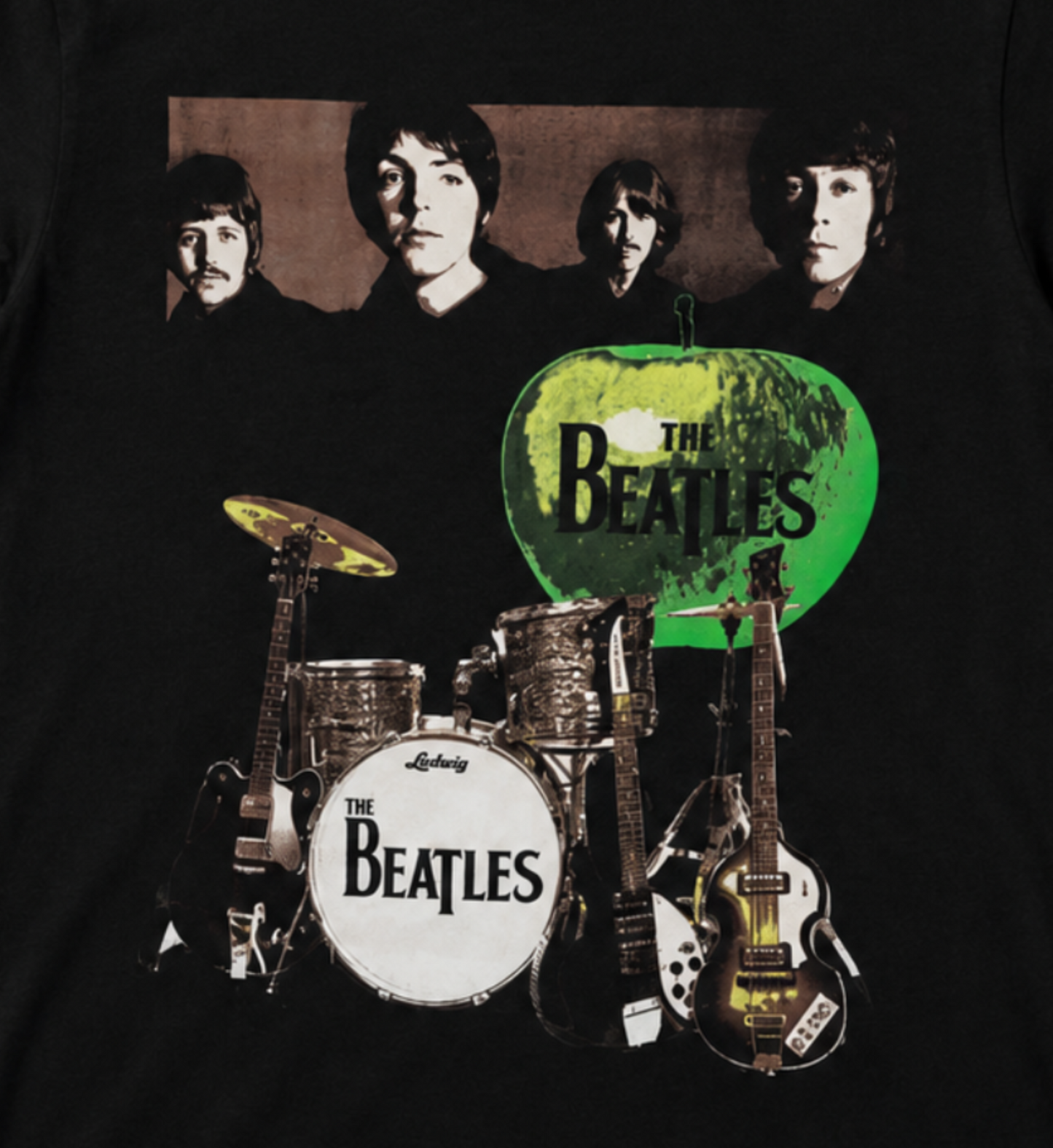 The Beatles green apple collage graphic T-shirt with Apple Records logo and band design unisex sizes S–3XL
