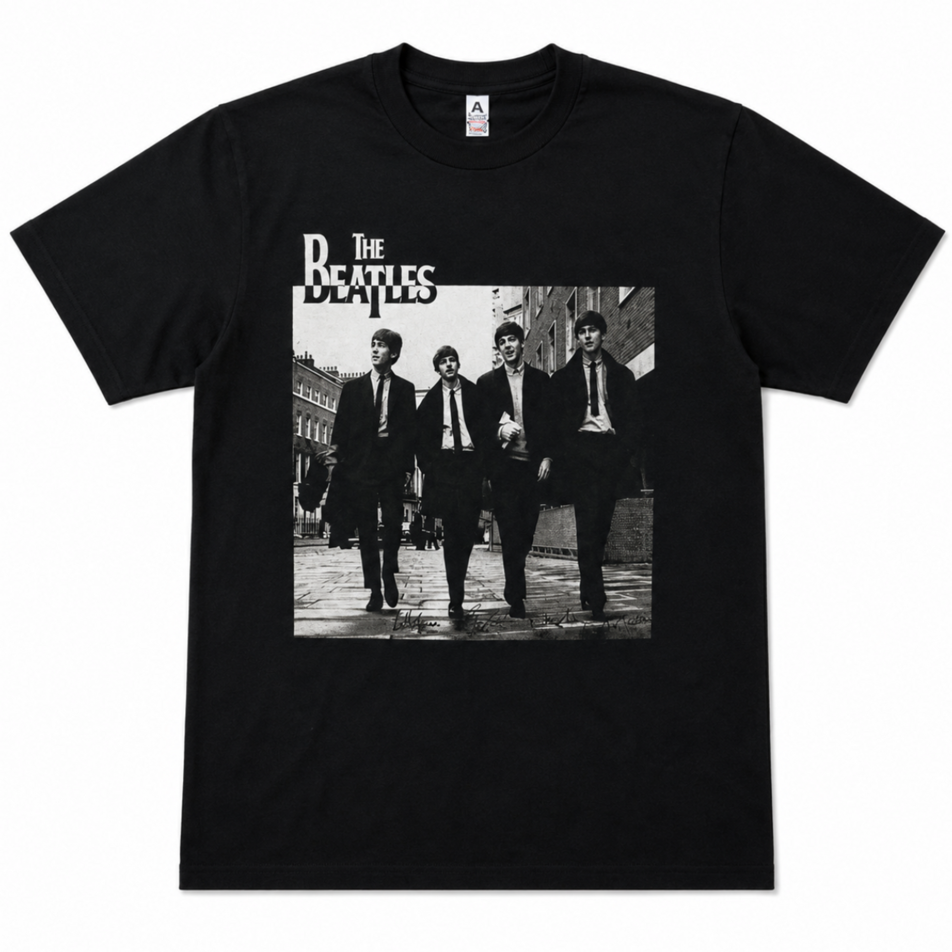 The Beatles London street portrait graphic T-shirt showing band walking in Soho 1963 black and white image unisex sizes S–3XL