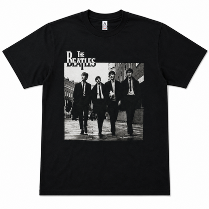 The Beatles London street portrait graphic T-shirt showing band walking in Soho 1963 black and white image unisex sizes S–3XL