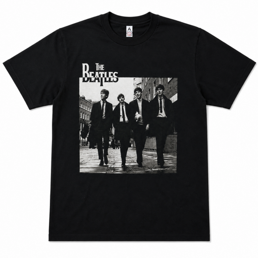 The Beatles London street portrait graphic T-shirt showing band walking in Soho 1963 black and white image unisex sizes S–3XL