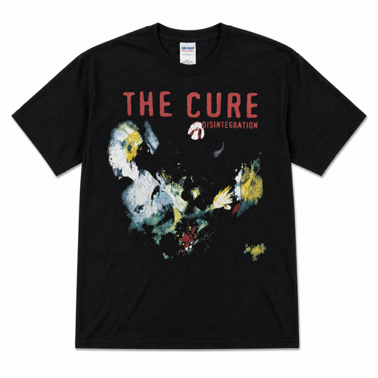 The Cure Disintegration album graphic T-shirt with hazy Robert Smith portrait and abstract artwork unisex sizes S–2XL