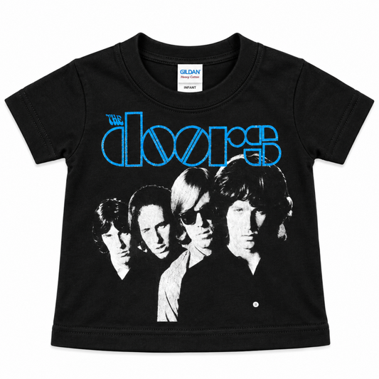 The Doors Blue Logo Band Portrait black infant graphic T-shirt featuring the classic band portrait, available in sizes 12M-24M.