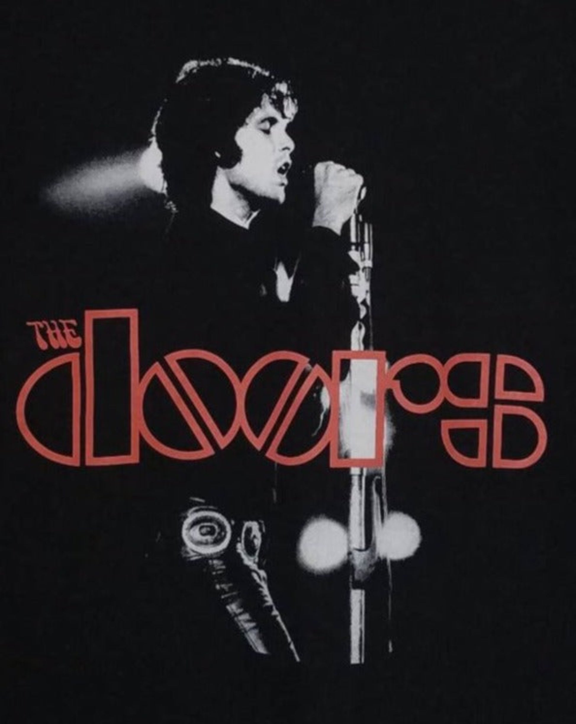 Front view of The Doors In Concert graphic T-shirt featuring Jim Morrison performing live with red logo printed in silkscreen on black cotton tee