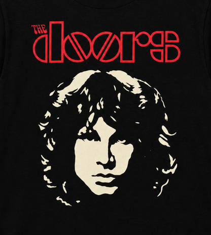 Close-up of The Doors Jim Morrison Face black T-shirt with the cream-and-black Morrison portrait and red The Doors logo—a strong pick for longtime fans.