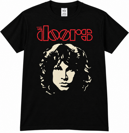 The Doors Jim Morrison Face black T-shirt featuring a high-contrast Jim Morrison portrait and red The Doors logo—a standout shirt for classic rock fans.