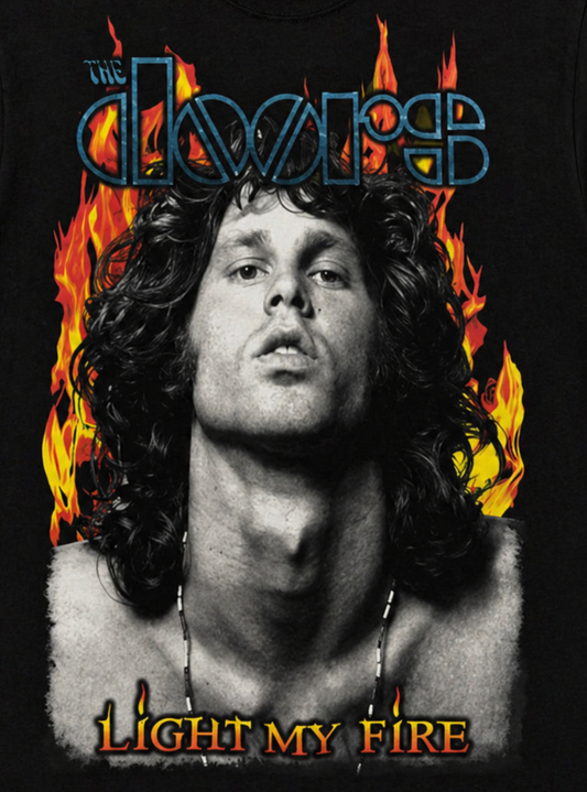 The Doors Light My Fire Jim Morrison classic rock T-shirt with flame design on black shirt unisex sizes S–3XL