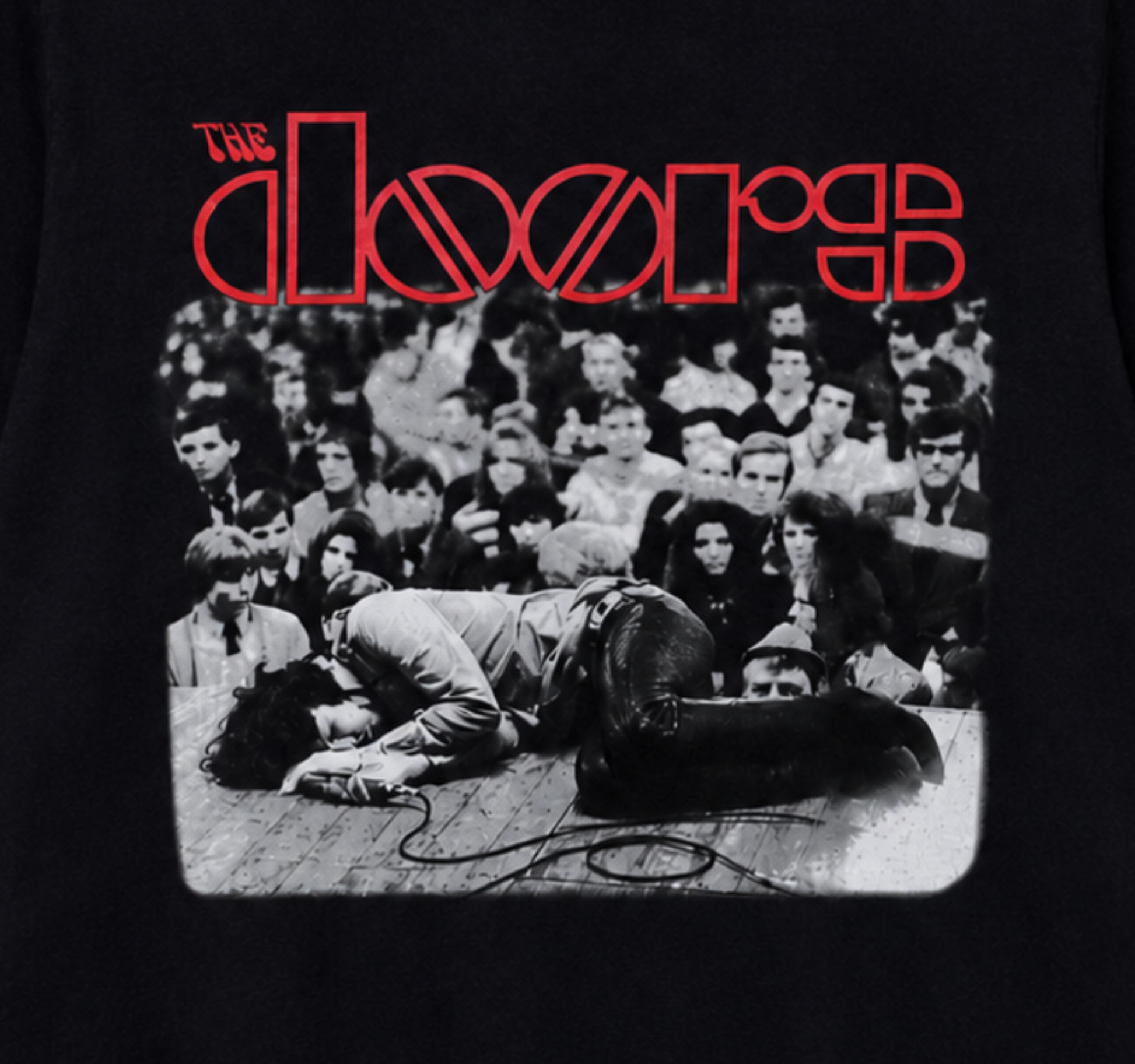 The Doors Jim Morrison 1968 Frankfurt concert graphic T-shirt with red logo on black shirt unisex sizes S–3XL