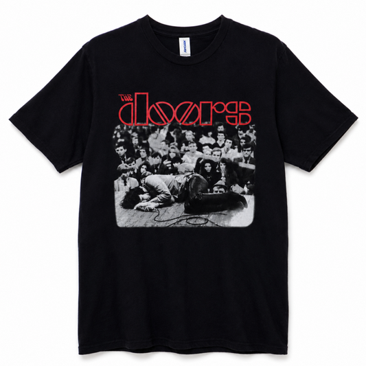 The Doors Jim Morrison 1968 Frankfurt concert graphic T-shirt with red logo on black shirt unisex sizes S–3XL