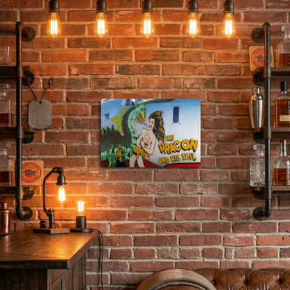 The Dragon and His Tail B-24J Liberator nose art sign displayed on a brick wall surrounded by WWII aviation photographs and memorabilia.