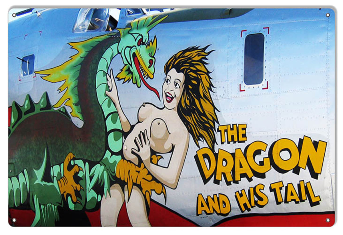 The Dragon and His Tail B-24J Liberator WWII nose art metal sign featuring the famous dragon artwork from aircraft 44-40973 of the 43rd Bombardment Group.