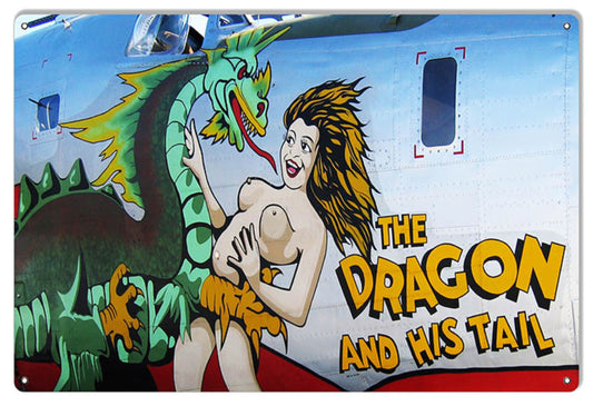 The Dragon and His Tail B-24J Liberator WWII nose art metal sign featuring the famous dragon artwork from aircraft 44-40973 of the 43rd Bombardment Group.