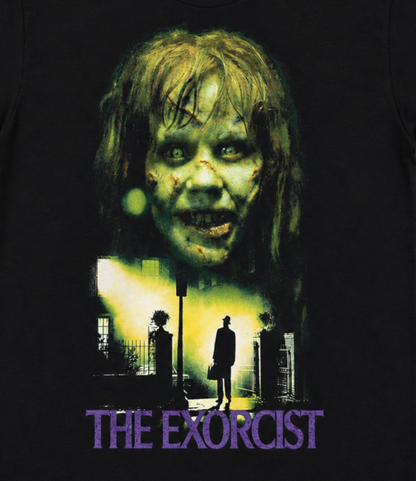 Close-up of The Exorcist black T-shirt featuring Regan MacNeil, Father Merrin, and the purple title—a striking pick for classic horror collectors.