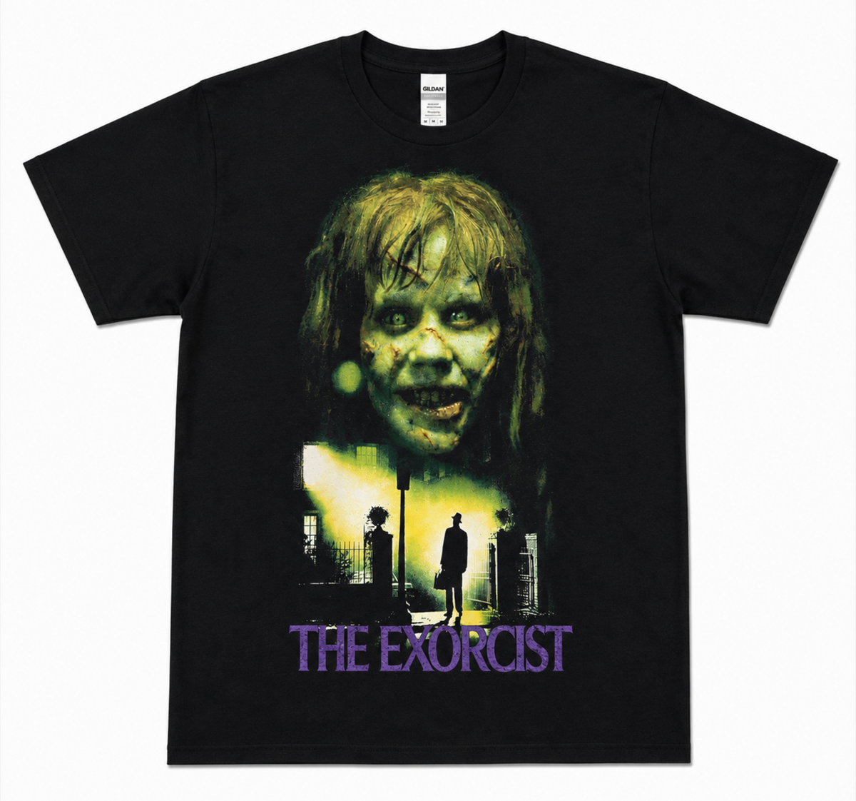 The Exorcist black T-shirt featuring possessed Regan MacNeil above Father Merrin beneath the streetlight—a must-have for fans of the 1973 horror classic.