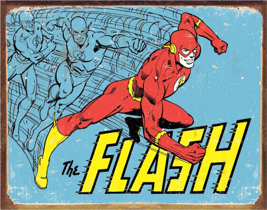 The Flash DC Comics metal sign featuring the superhero running across a blue vintage comic-panel background with yellow Flash logo, 16" W × 12.5" H.