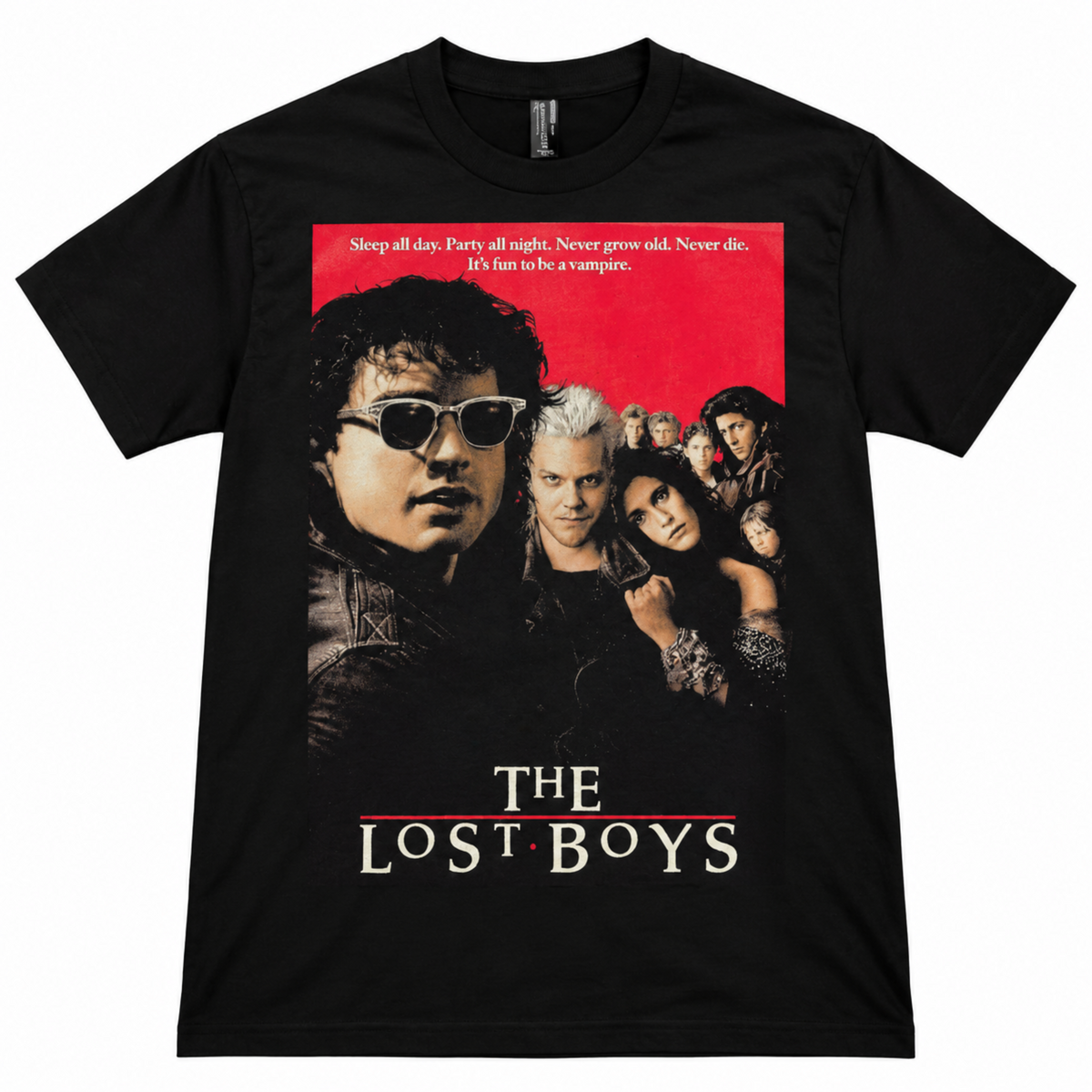 Black The Lost Boys graphic T-shirt featuring the original 1987 movie-cover cast artwork and bold red title, a standout shirt for fans of the cult vampire film.