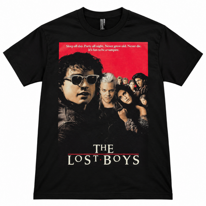 Black The Lost Boys graphic T-shirt featuring the original 1987 movie-cover cast artwork and bold red title, a standout shirt for fans of the cult vampire film.