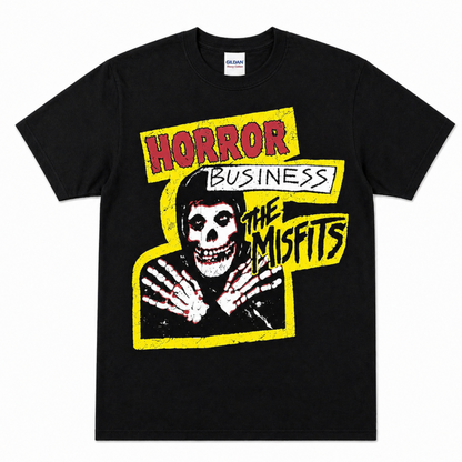 Black The Misfits Horror Business graphic T-shirt featuring the hooded Crimson Ghost Fiend, skeletal hands, yellow framing and classic Misfits lettering.