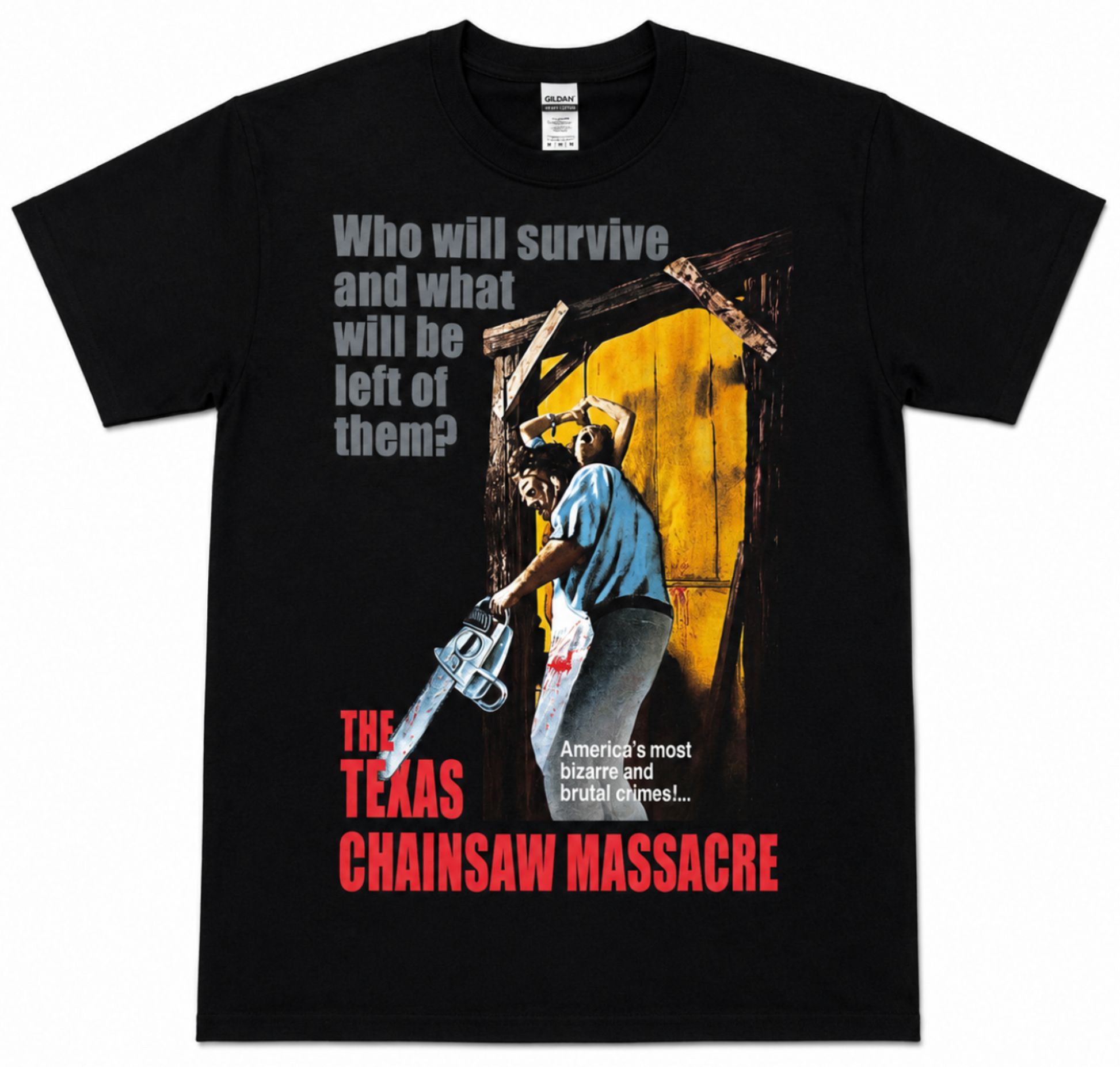 Black adult unisex The Original 1974 The Texas Chainsaw Massacre horror T-shirt featuring Leatherface with his chainsaw, Sally Hardesty, the "Who will survive and what will be left of them?" tagline, the "America's most bizarre and brutal crimes!..." caption, and the bold red movie title, available in sizes Small through 3X-Large.