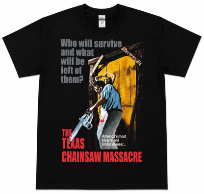 Black adult unisex The Original 1974 The Texas Chainsaw Massacre horror T-shirt featuring Leatherface with his chainsaw, Sally Hardesty, the "Who will survive and what will be left of them?" tagline, the "America's most bizarre and brutal crimes!..." caption, and the bold red movie title, available in sizes Small through 3X-Large.