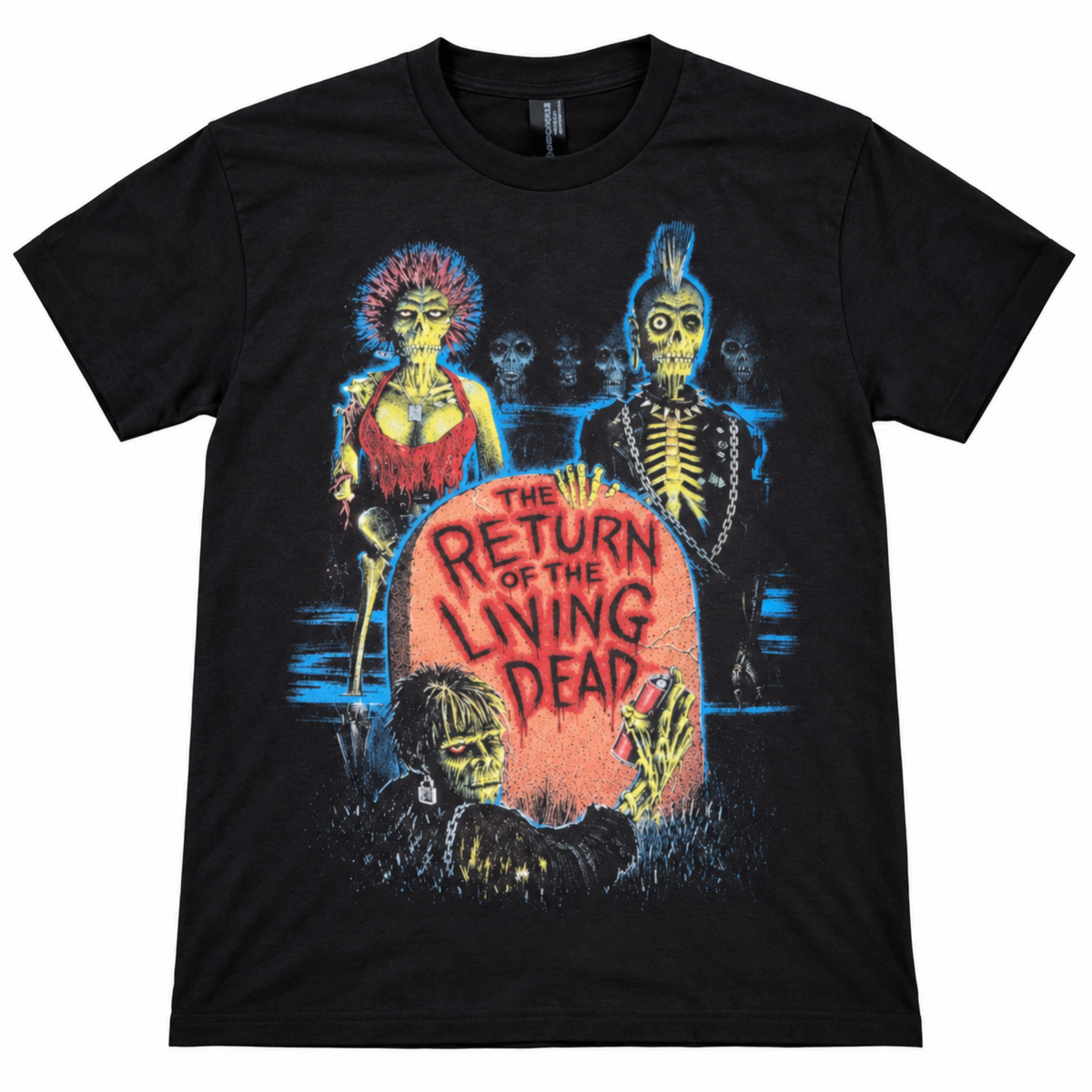 Black The Return of the Living Dead 1985 graphic T-shirt featuring colorful undead characters surrounding the movie’s tombstone design.