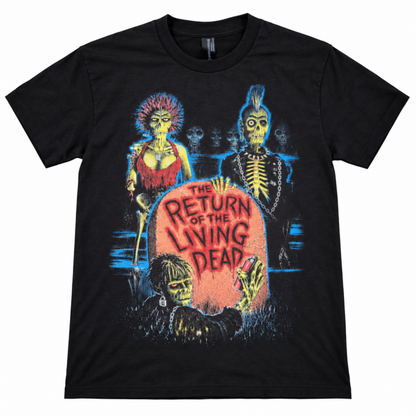Black The Return of the Living Dead 1985 graphic T-shirt featuring colorful undead characters surrounding the movie’s tombstone design.