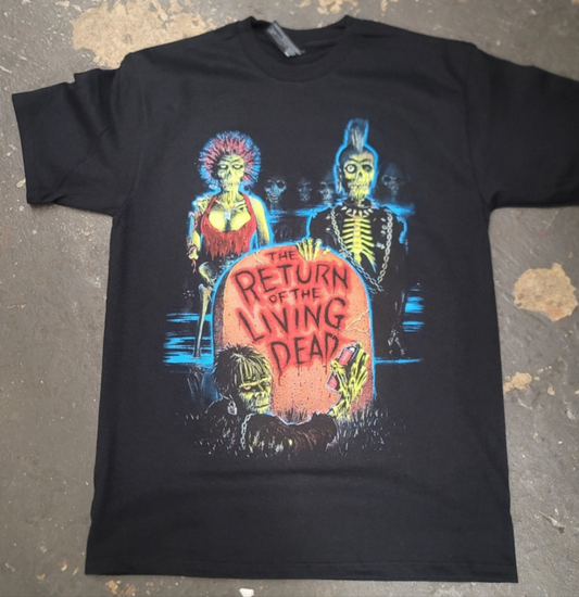 Black Return of the Living Dead t-shirt featuring punk zombies and tombstone design – Unisex Silkscreen