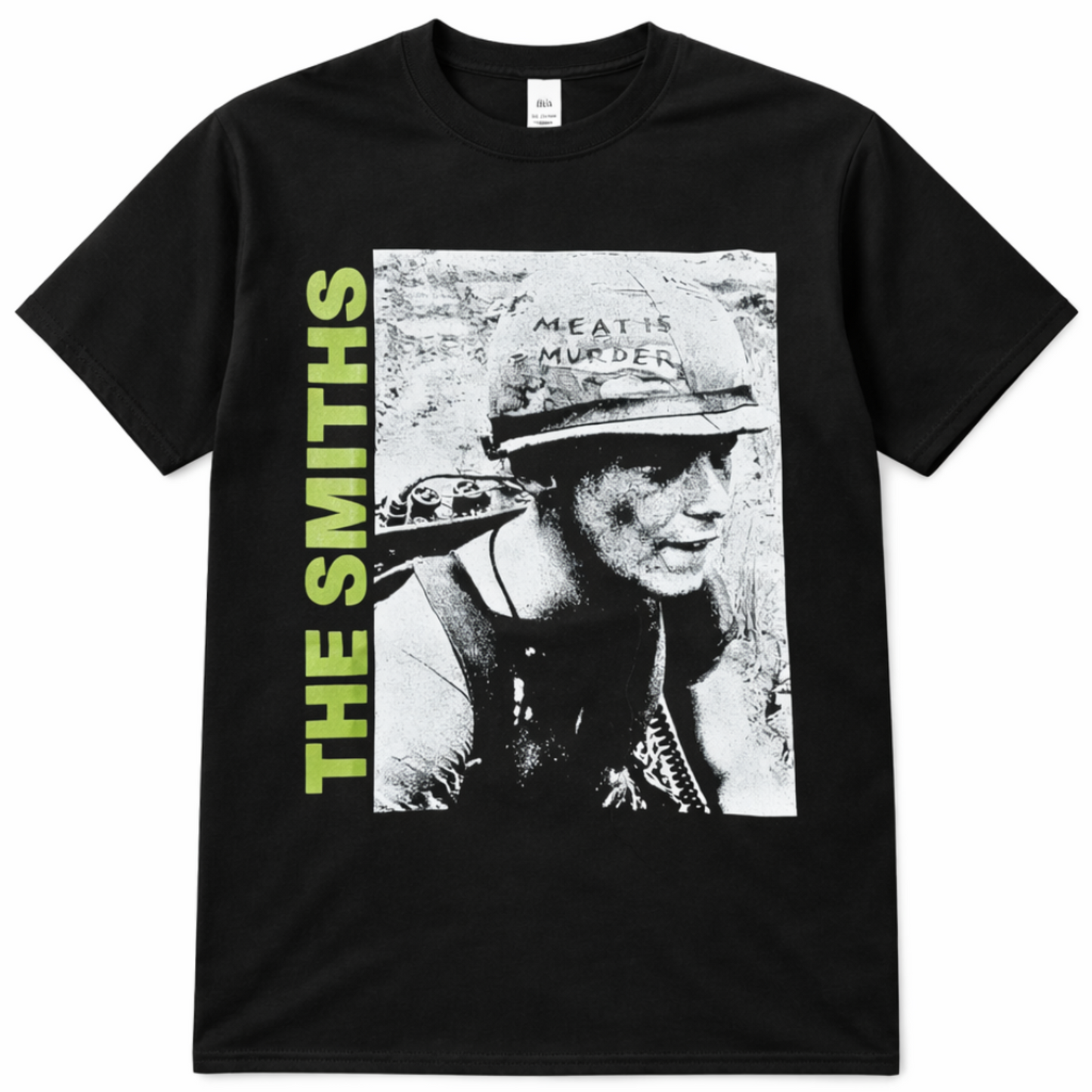 Black adult unisex The Smiths Meat Is Murder alternative rock T-shirt featuring the classic album artwork with bold green lettering and a distressed finish, available in sizes Small through 3X-Large.