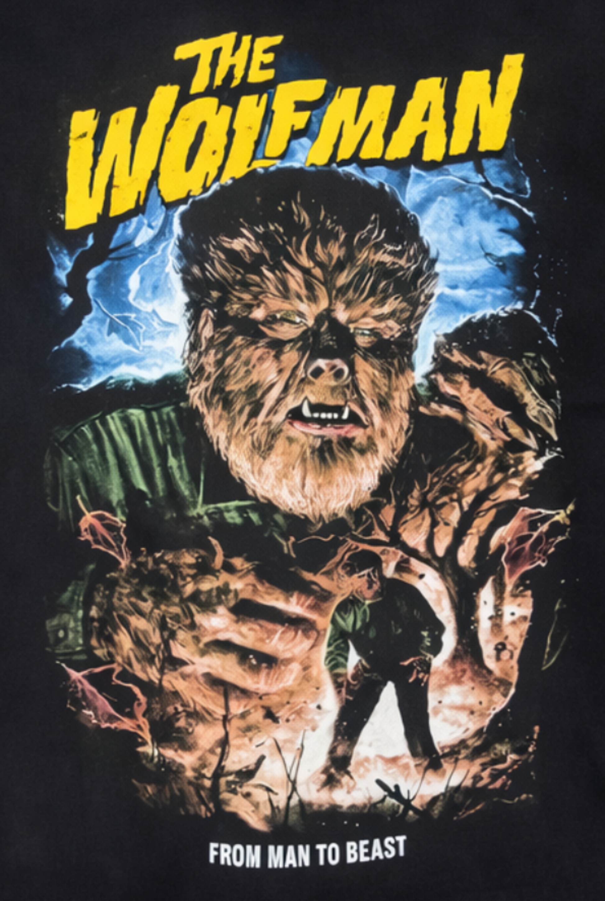 The Wolfman From Man to Beast graphic T-shirt with classic Universal Monsters artwork on black shirt unisex sizes S–3XL