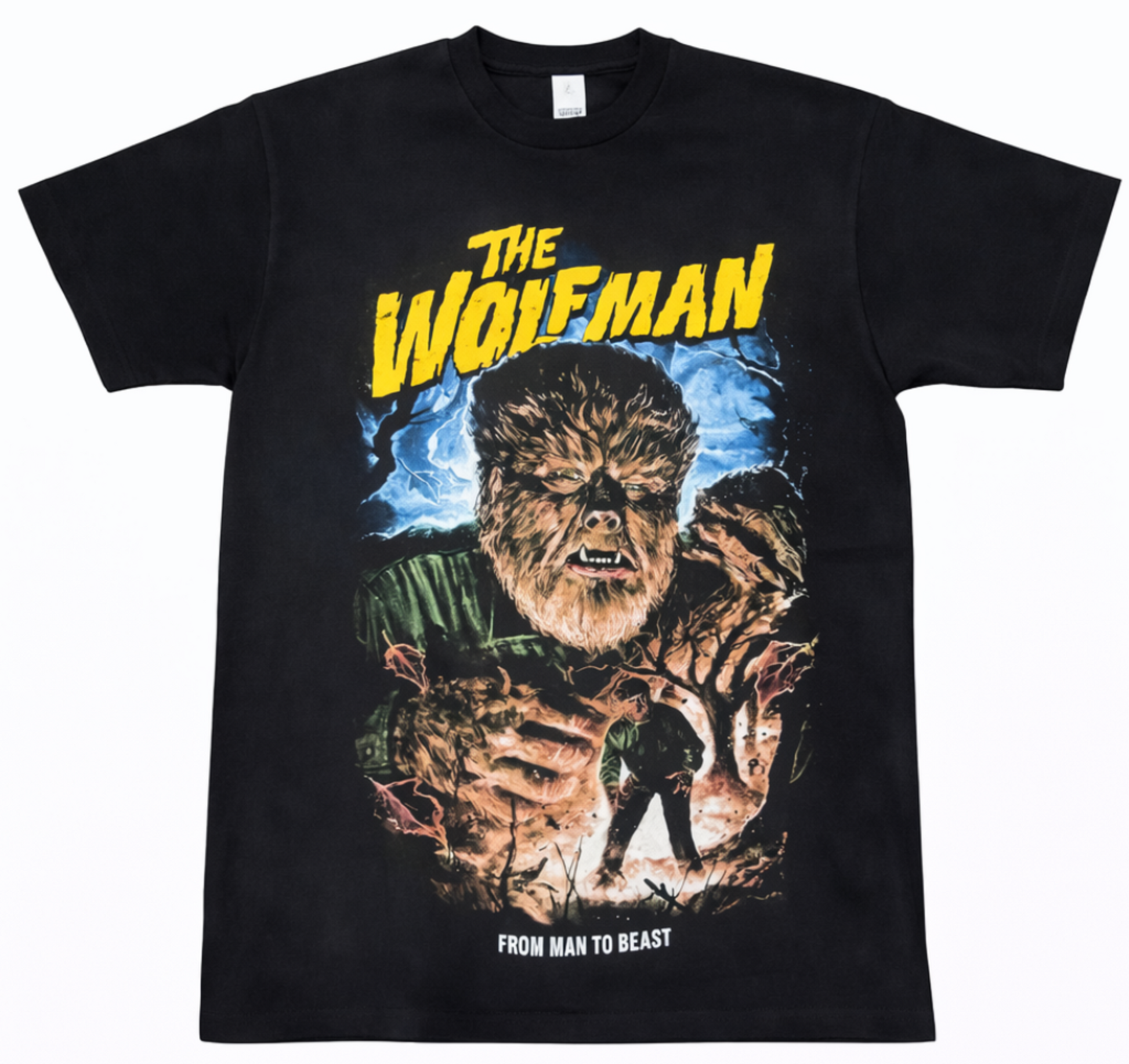 The Wolfman From Man to Beast graphic T-shirt with classic Universal Monsters artwork on black shirt unisex sizes S–3XL