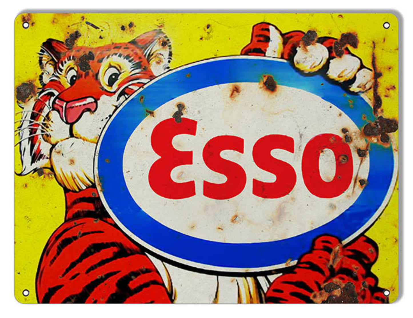 Vintage ESSO Motor Oil metal sign featuring the classic tiger mascot with aged, weathered finish and bold retro color.