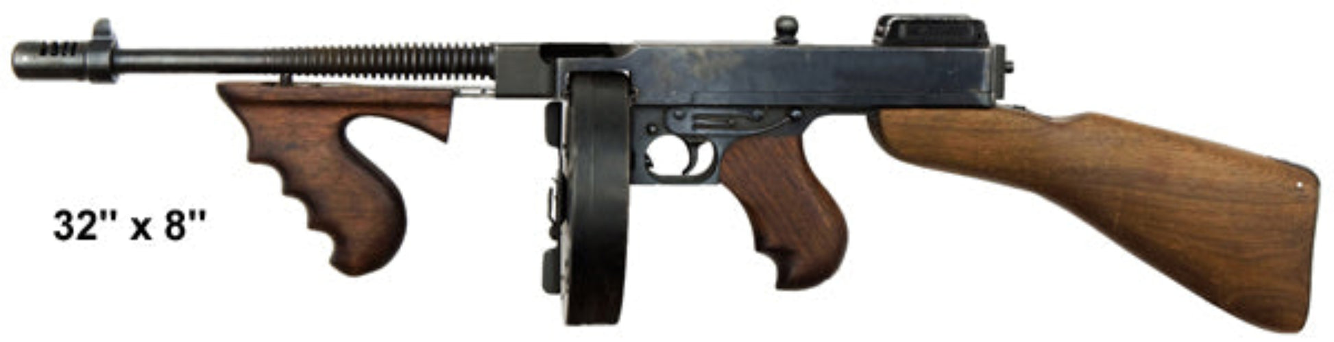 Tommy Machine Gun laser cut metal sign in black and wood tones, 8″H × 32″W steel.