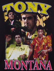 New ’Tony Montana Picture Collage’ Adult Silkscreen T-Shirt. Available From Small-3XL. - Unisex Short Sleeve Shirt