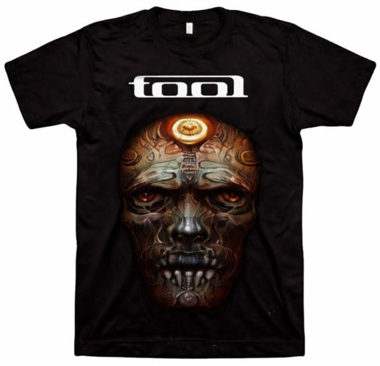 Front view of Tool Nerve Ending Skull T-shirt featuring biomechanical skull design with glowing amber tones and white band logo, printed using authentic silkscreen technique.