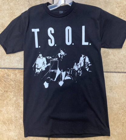 Black “T.S.O.L. – True Sounds of Liberty” T-shirt featuring the band performing live with bold white text above the image.