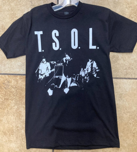 Black “T.S.O.L. – True Sounds of Liberty” T-shirt featuring the band performing live with bold white text above the image.