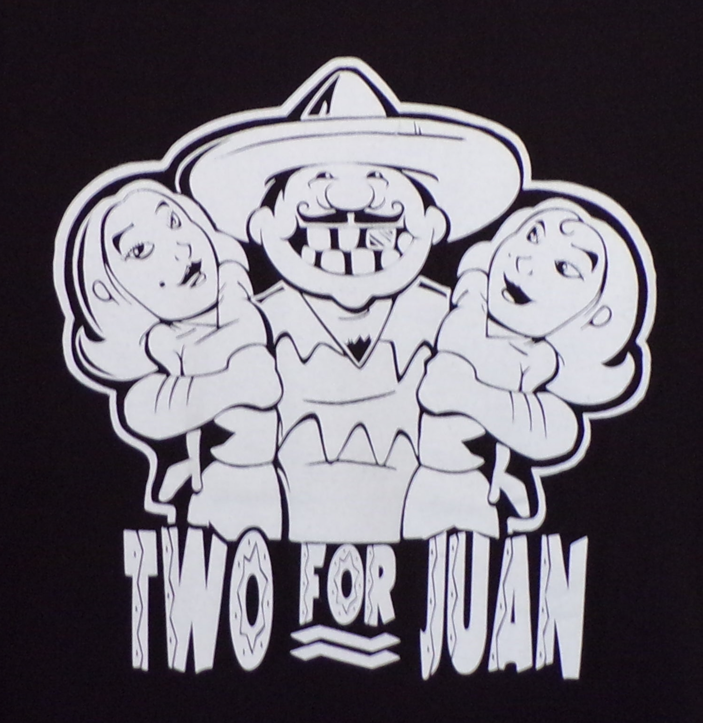 Two For Juan funny graphic T-shirt with sombrero character and text design unisex apparel available in sizes S–2XL