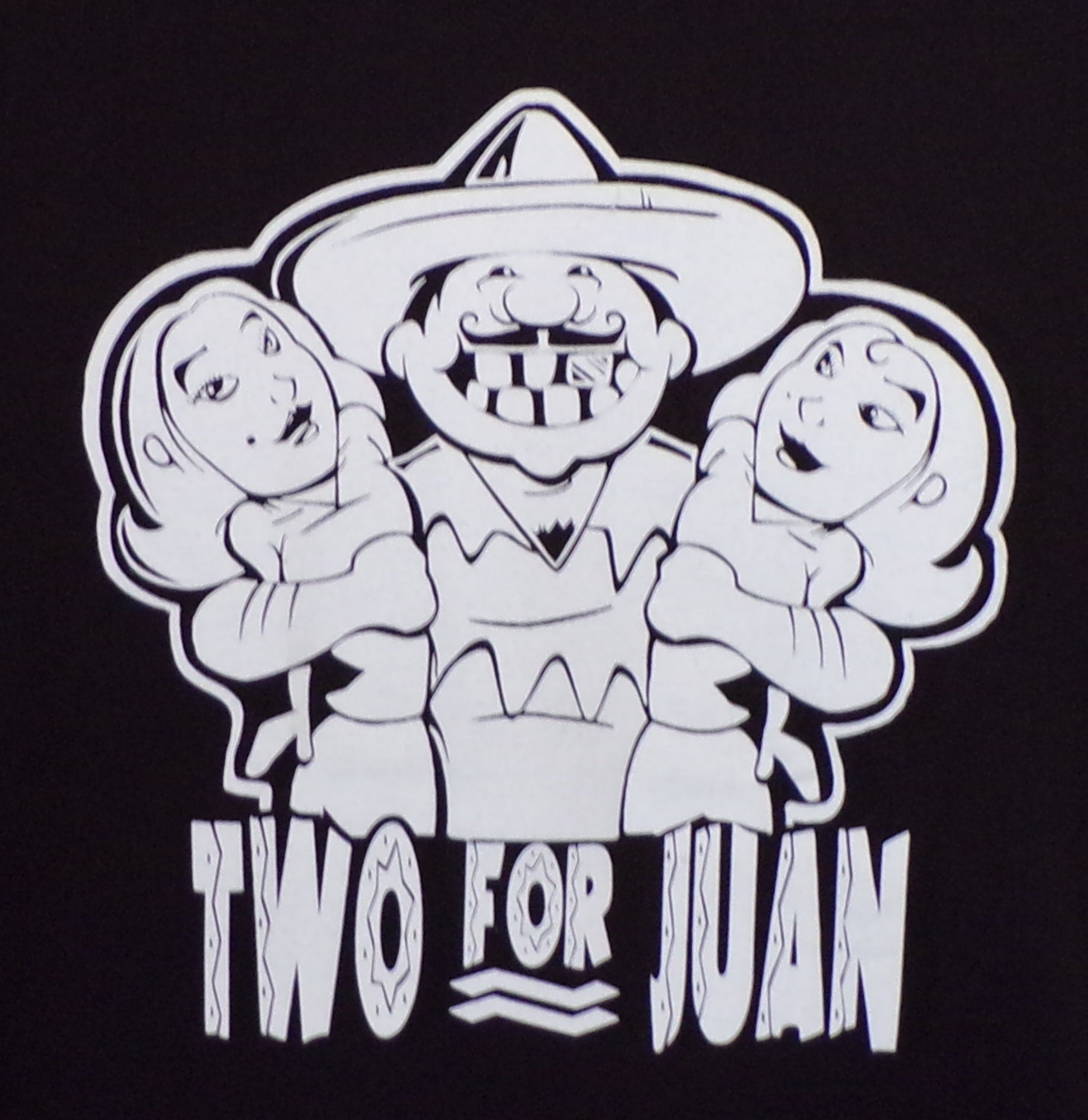 Two For Juan funny graphic T-shirt with sombrero character and text design unisex apparel available in sizes S–2XL