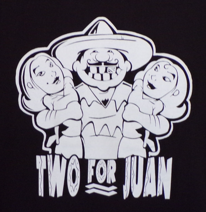 Two For Juan funny graphic T-shirt with sombrero character and text design unisex apparel available in sizes S–2XL