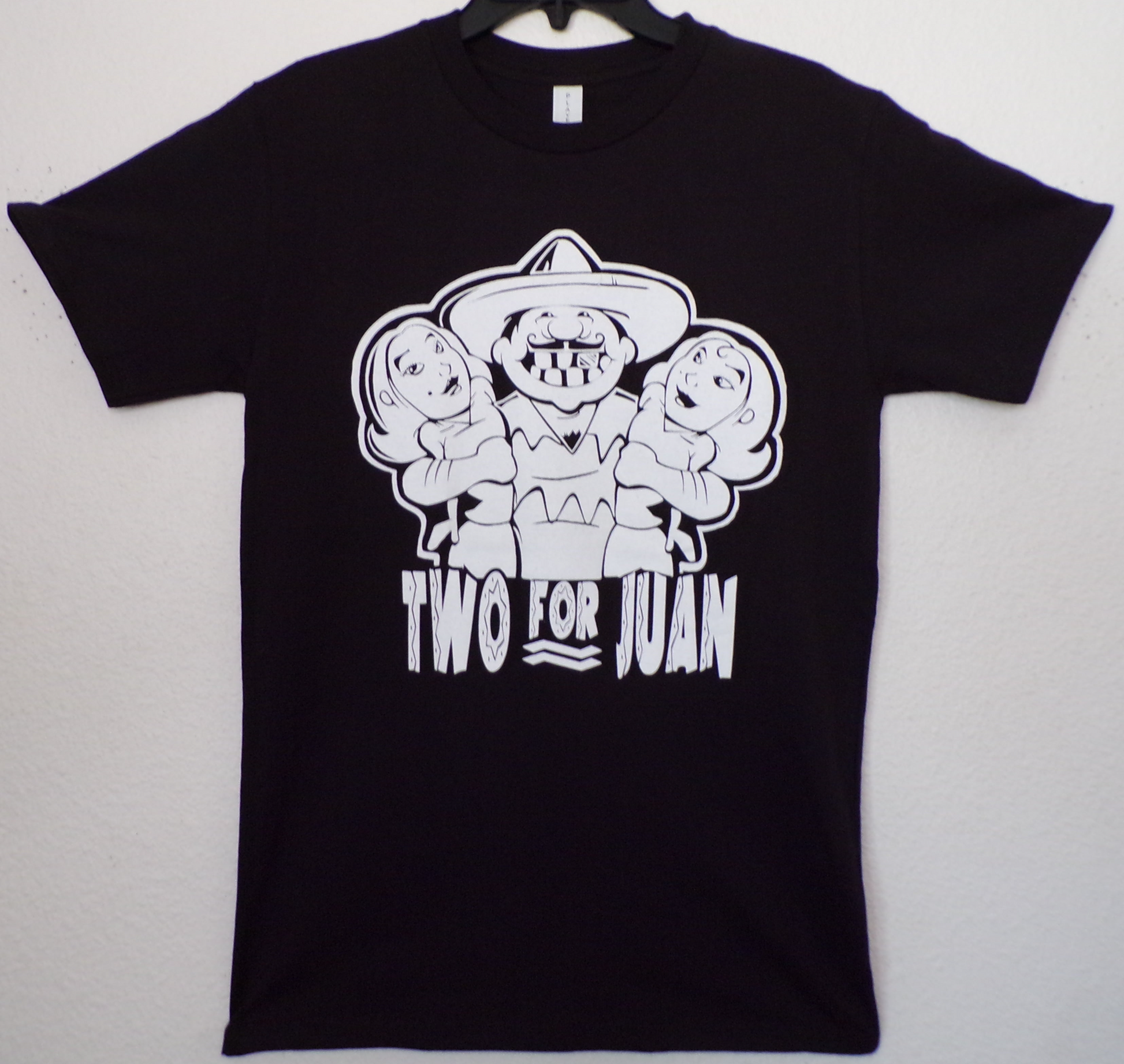 Two For Juan funny graphic T-shirt with sombrero character and text design unisex apparel available in sizes S–2XL