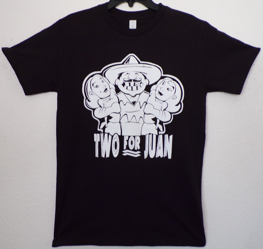 Two For Juan funny graphic T-shirt with sombrero character and text design unisex apparel available in sizes S–2XL