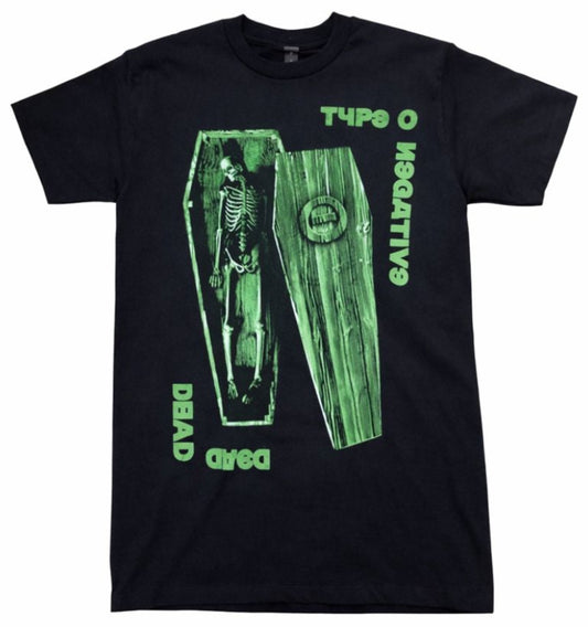 Front view of Type O Negative Dead Again T-shirt featuring green skeleton and coffin graphic with gothic lettering printed in authentic silkscreen detail.