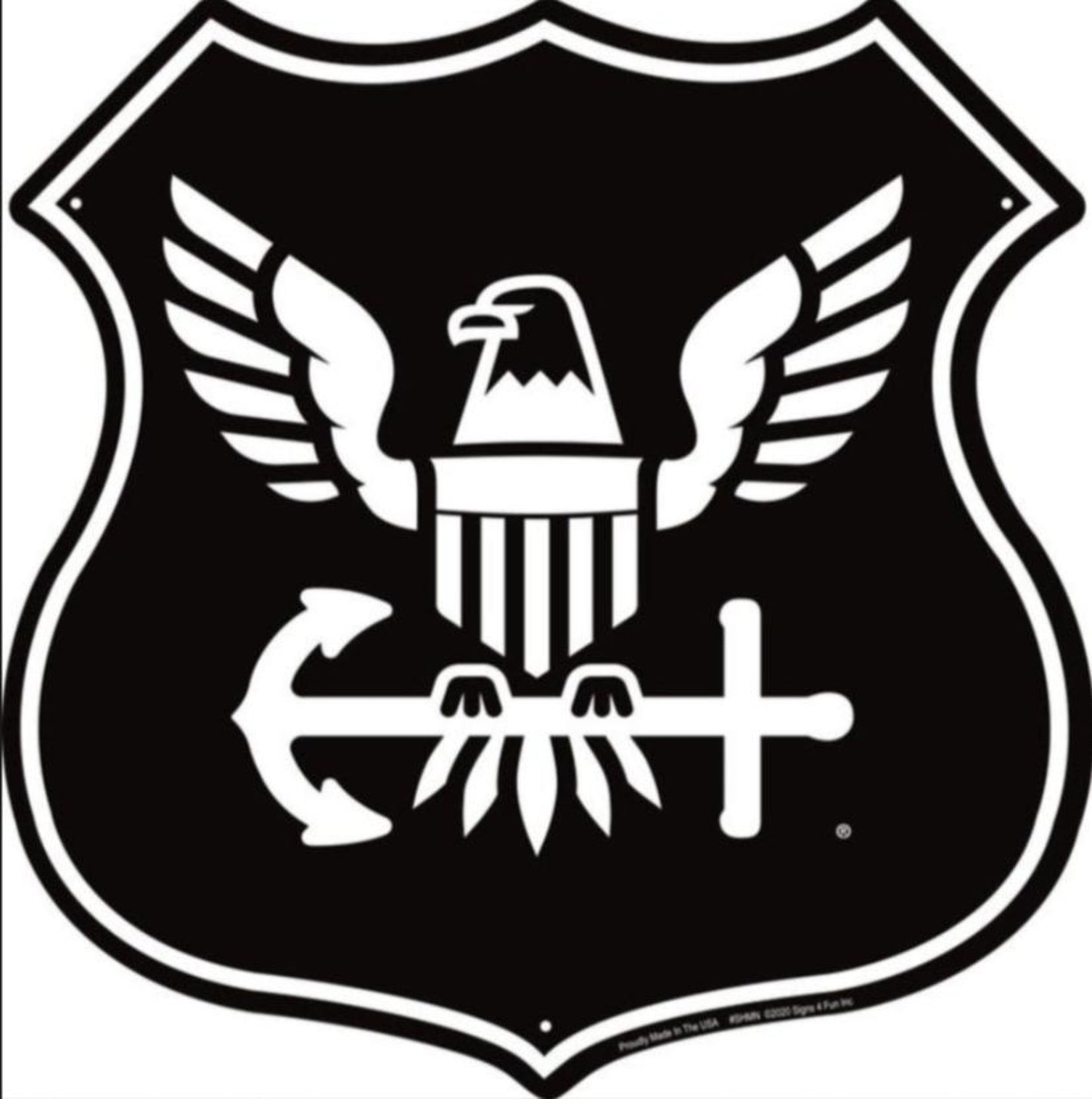 United States Navy embossed aluminum shield sign featuring an eagle, shield, and anchor design, 12 inch diameter.